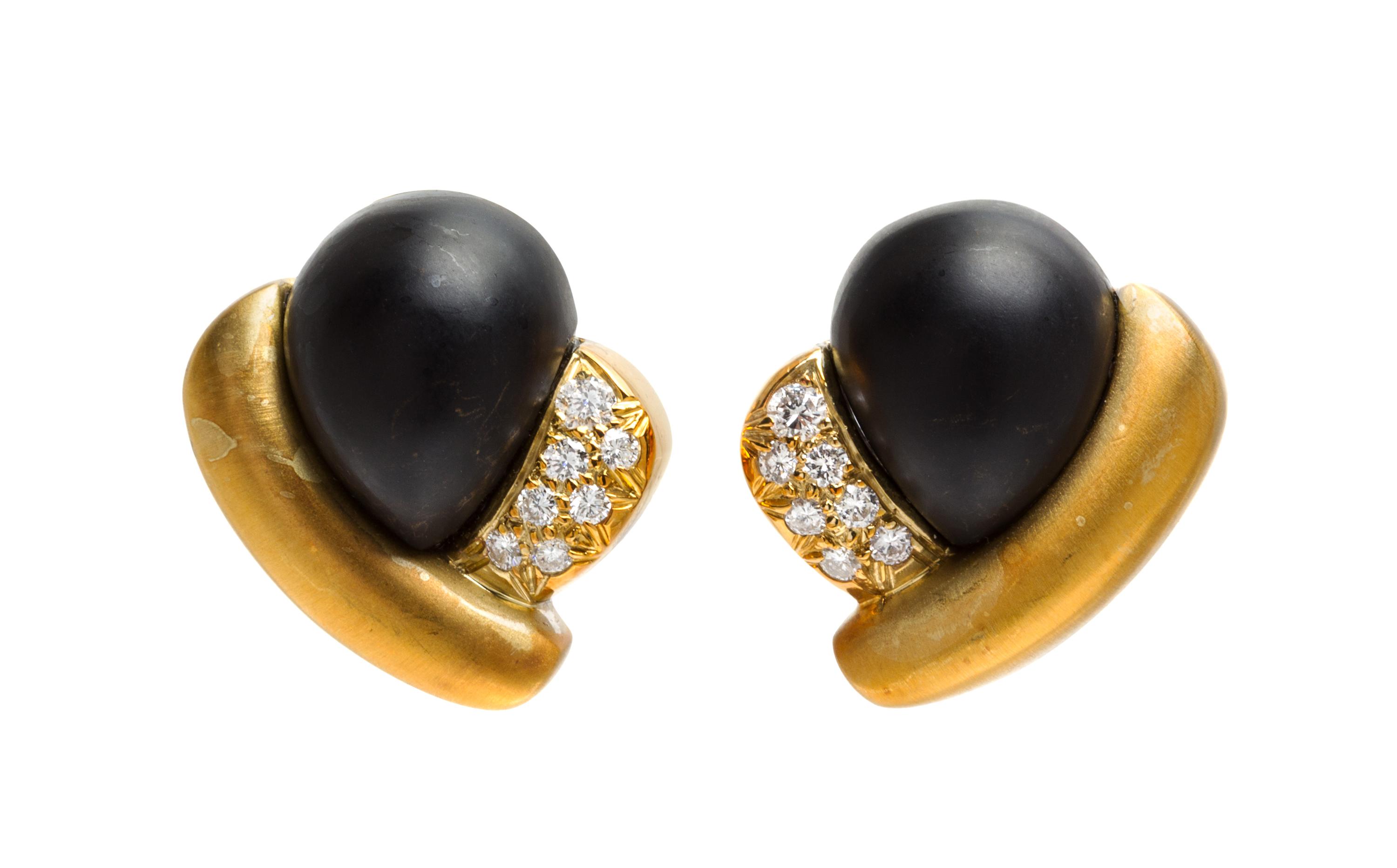 A Pair of 18 Karat Yellow Gold, Onyx and Diamond Earclips, M. Stowe, 17.50 dwts.
