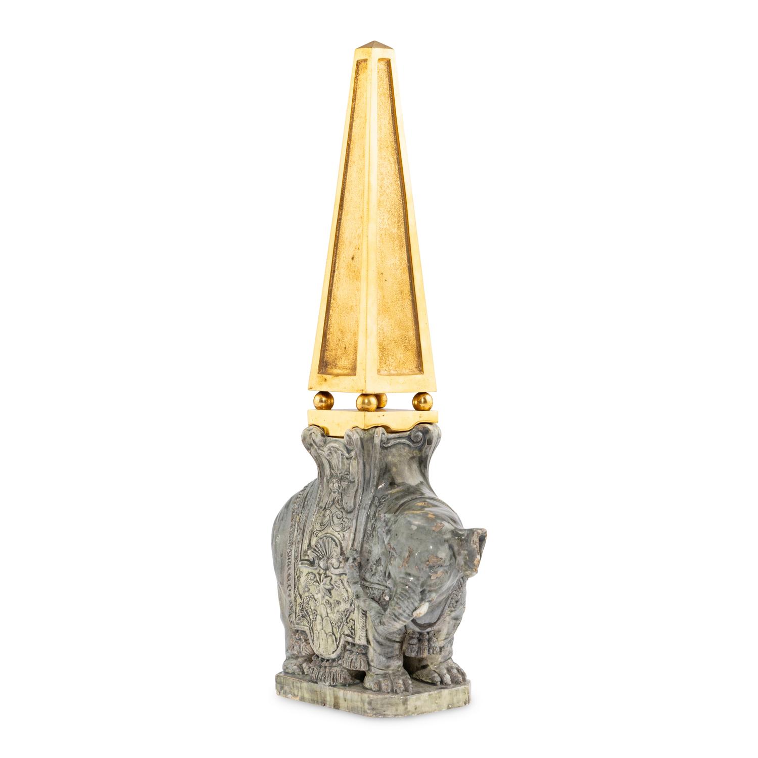 A Continental Gilt Bronze and Glazed Earthenware Elephant Obelisk