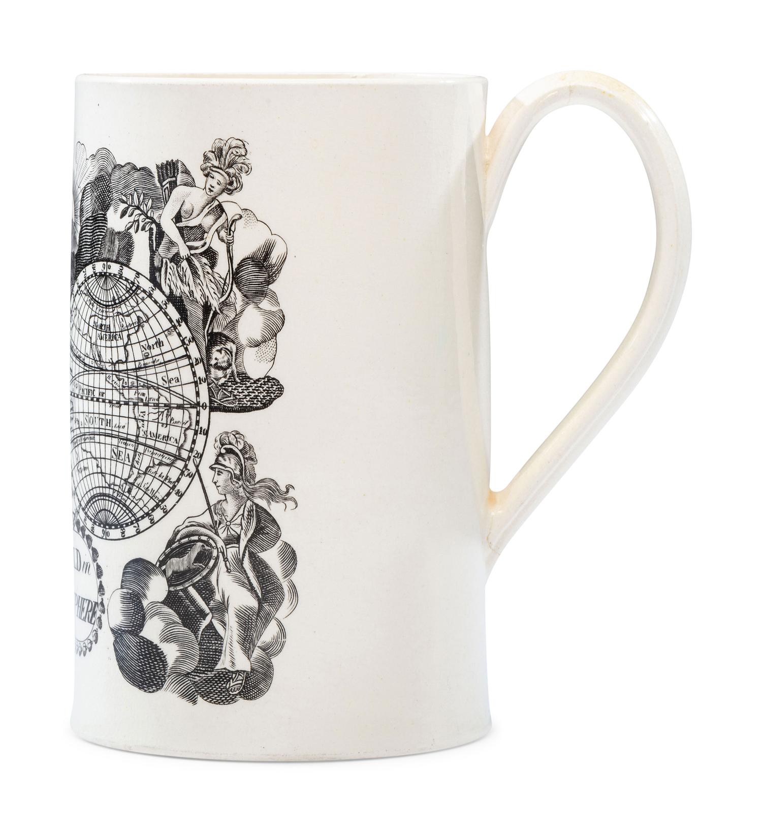 A Liverpool Transfer-Printed Creamware 'World in Planisphere' Mug