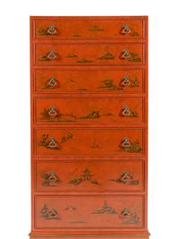 A Beacon Hill Old Colony Red-Japanned Tall Chest of Drawers