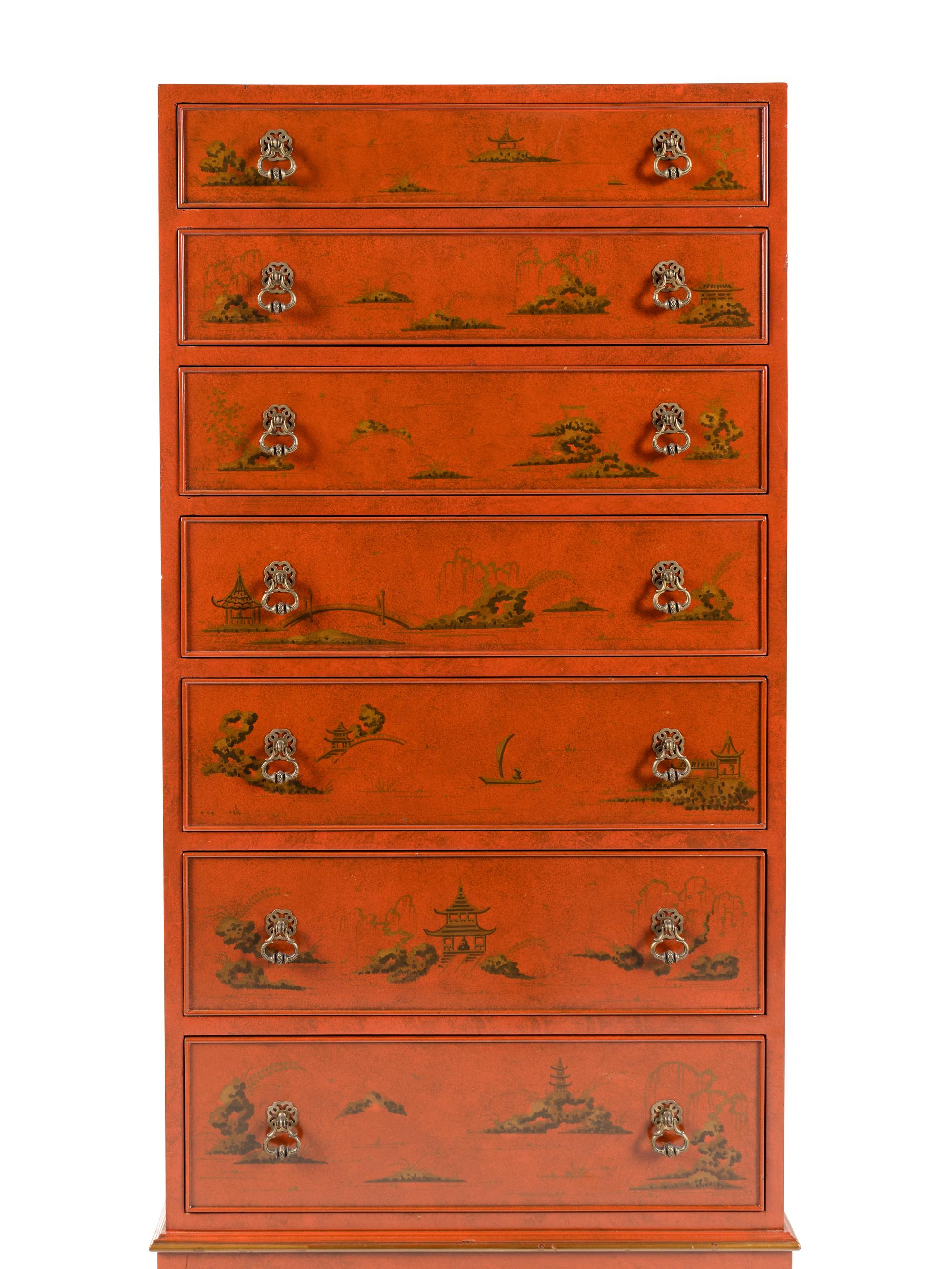 A Beacon Hill Old Colony Red-Japanned Tall Chest of Drawers