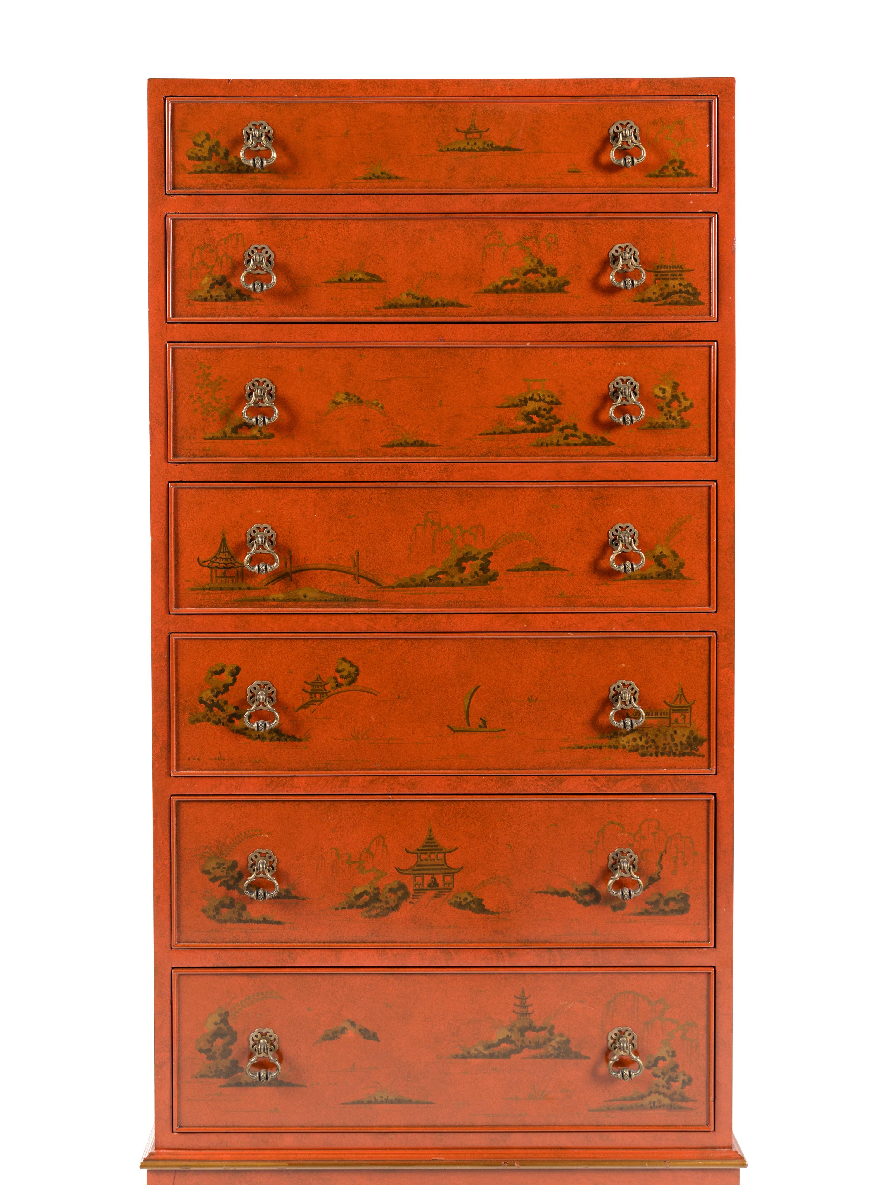 A Beacon Hill Old Colony Red-Japanned Tall Chest of Drawers