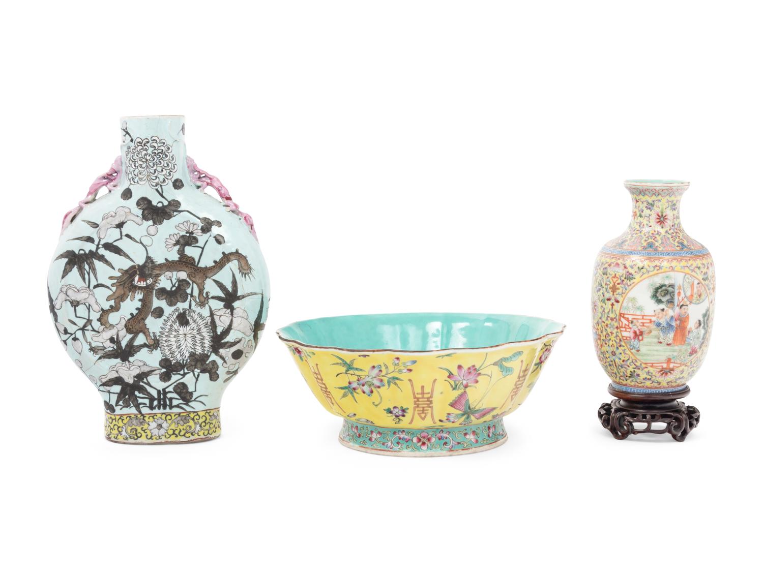 Three Chinese Famille Rose Porcelain Vessels