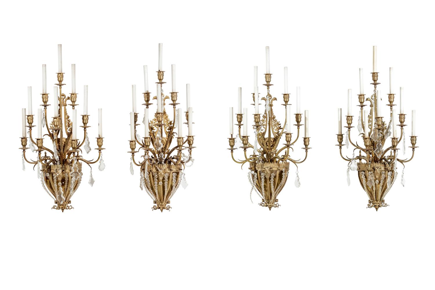 A Set of Four Gilt Bronze and Baccarat Glass Sconces