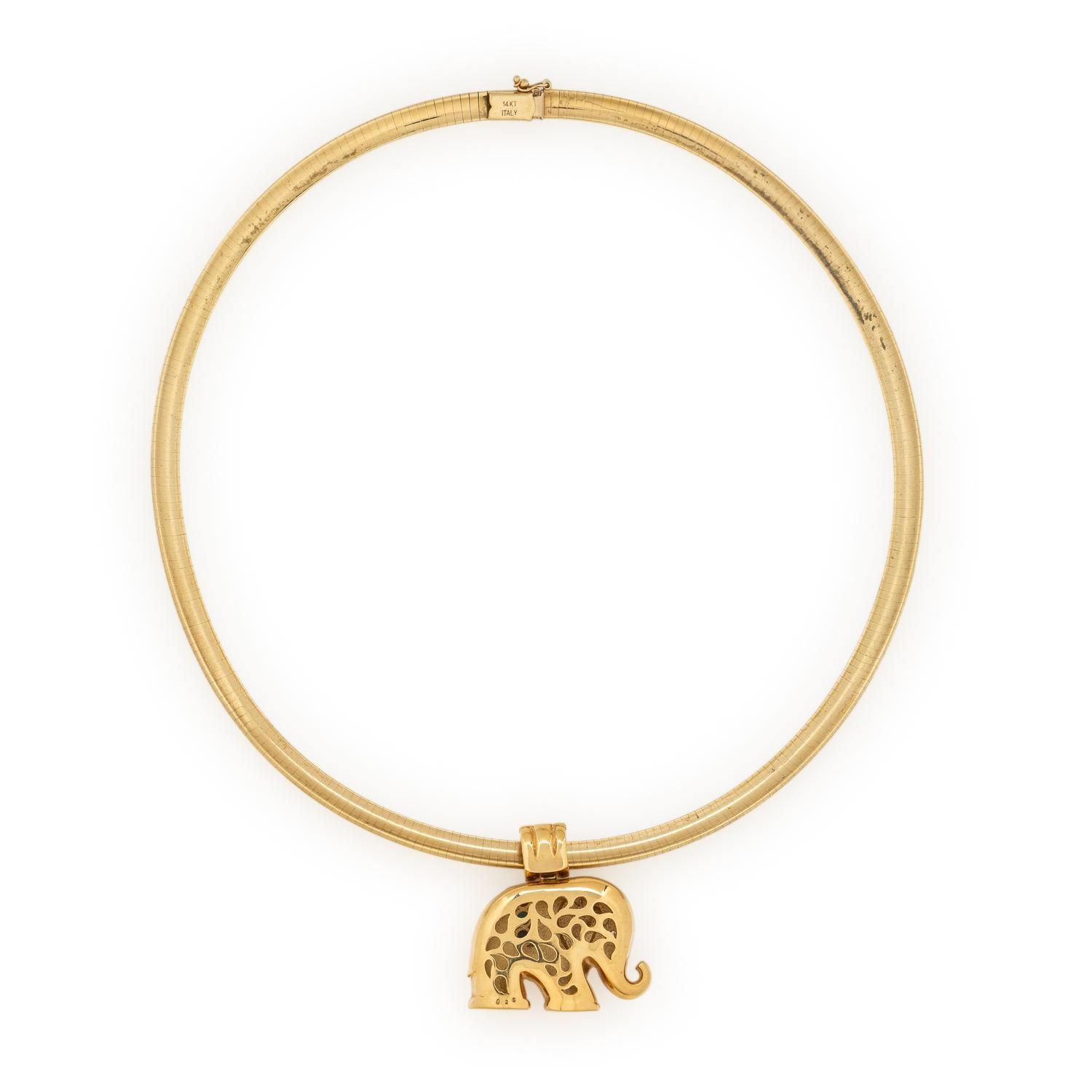 Yellow Gold and Multigem Elephant Pendant with Omega Chain