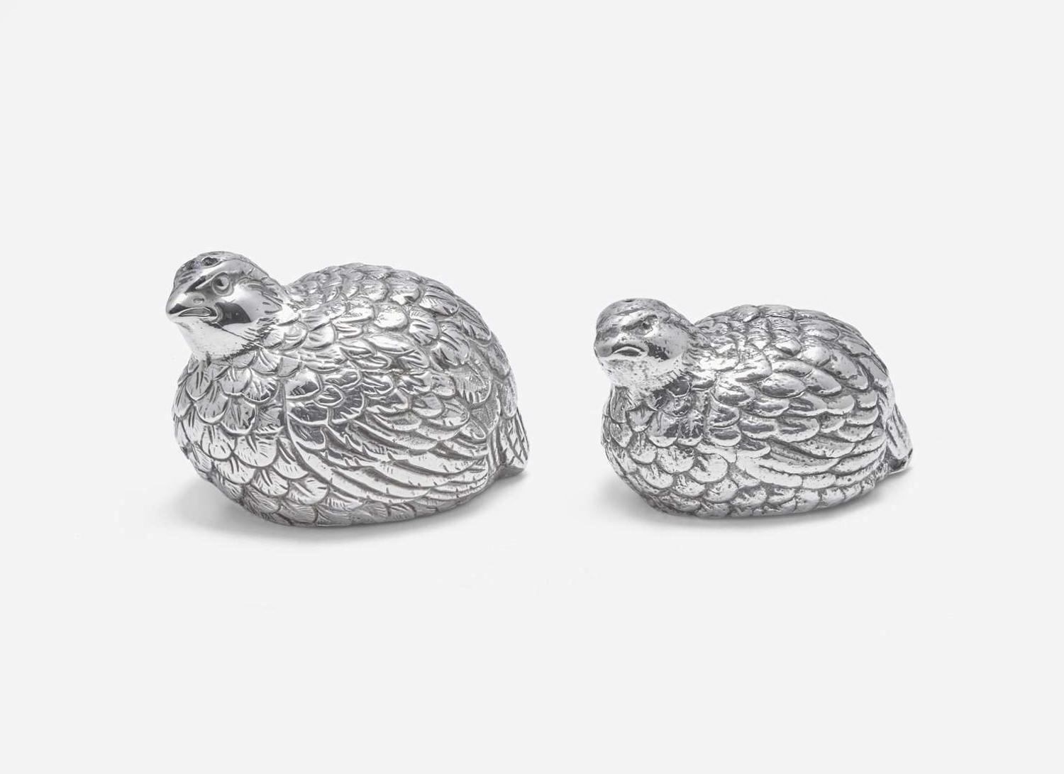 A set of eight silver or silverplated quail-form salt and pepper shakers, 20th century