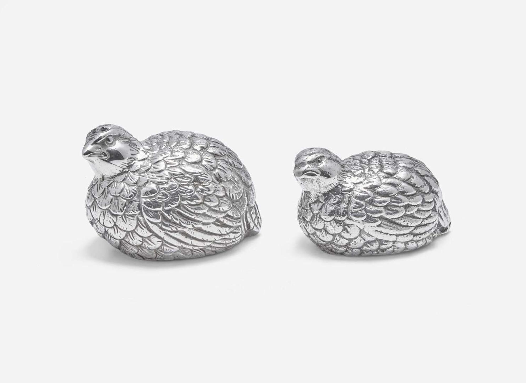 A set of eight silver or silverplated quail-form salt and pepper shakers, 20th century