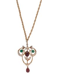 ANTIQUE, YELLOW GOLD AND MULTIGEM PENDANT
