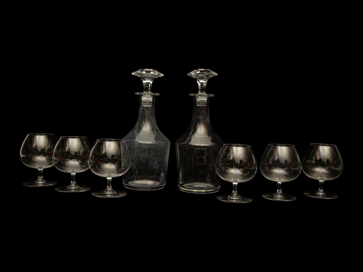 Twelve Bacarrat Degusstation Crystal Cognac Glasses and Two Perfection Whiskey Decanters — 20th Century