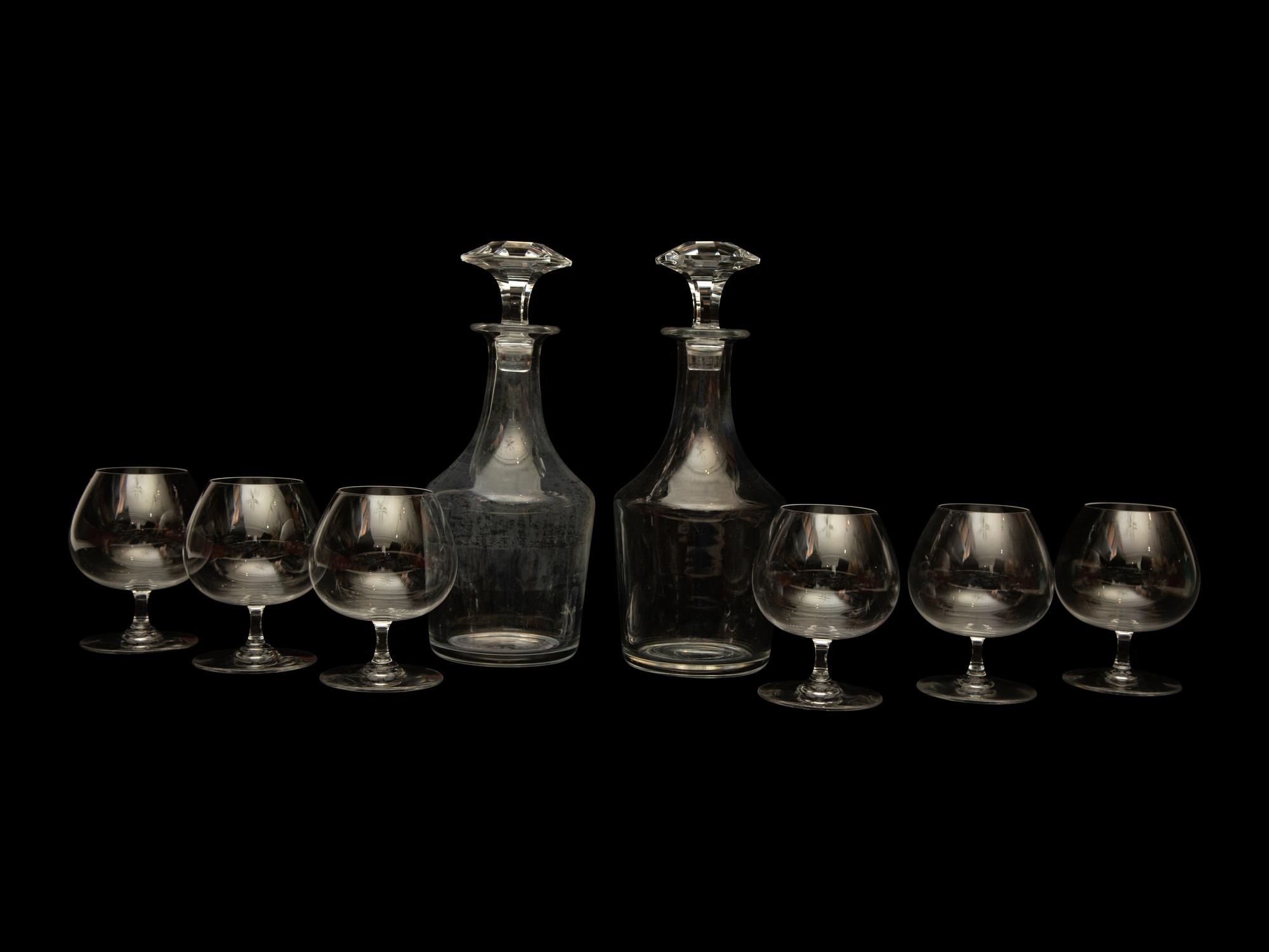 Twelve Bacarrat Degusstation Crystal Cognac Glasses and Two Perfection Whiskey Decanters — 20th Century