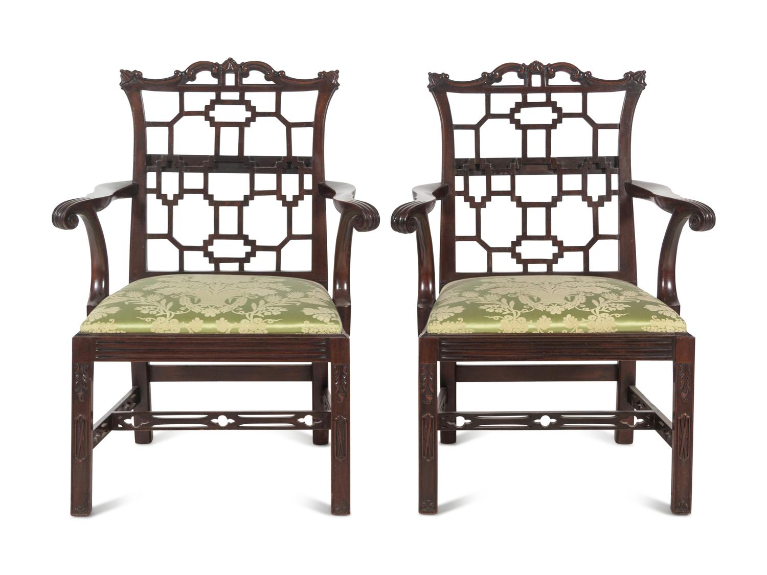 A Pair of Chinese Chippendale Style Mahogany Armchairs