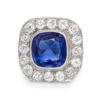 A Platinum, White Gold, Synthetic Sapphire and Diamond Ring,