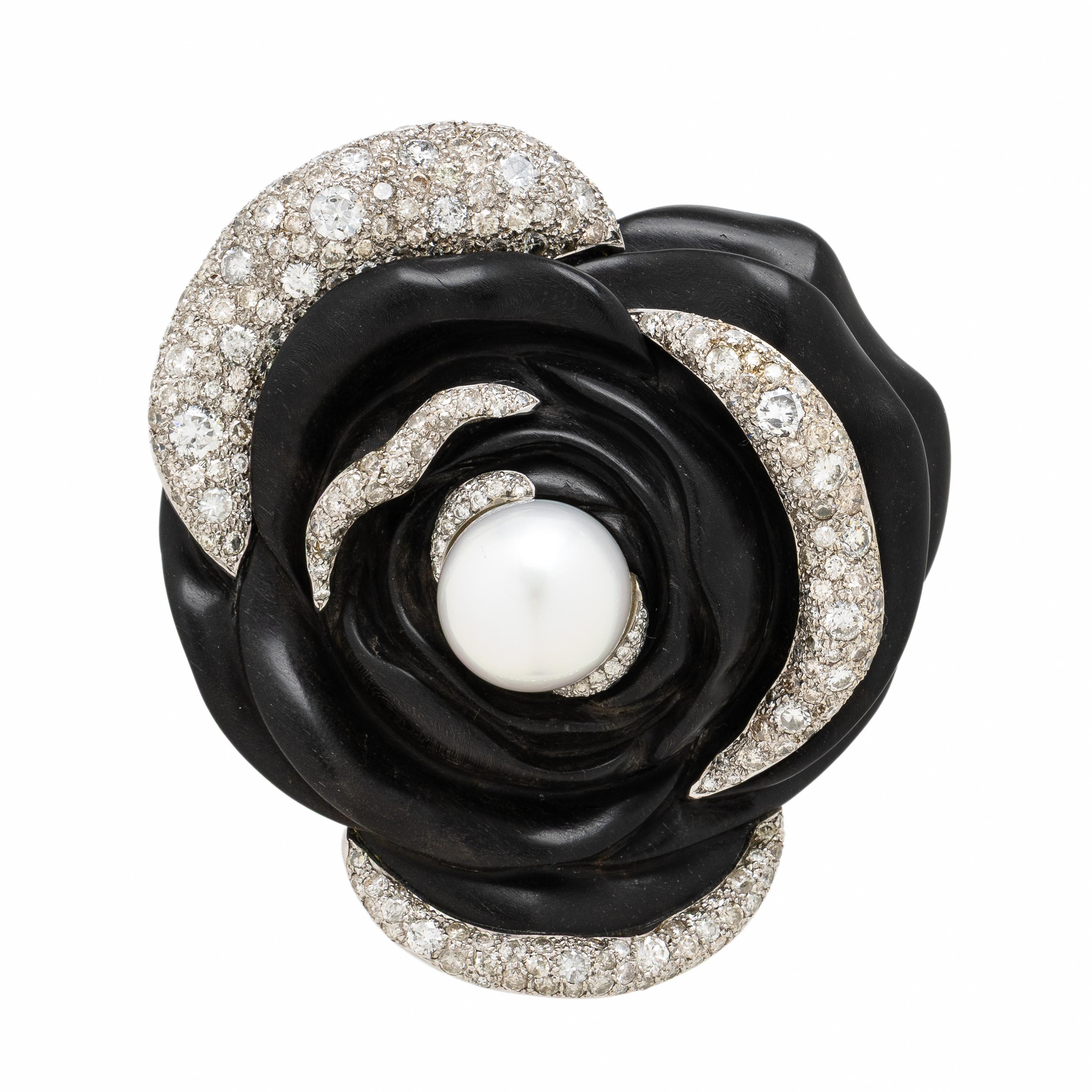French, White Gold, Diamond, Cultured Pearl, and Carved Wood Flower Brooch