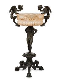 A Neoclassical Bronze and Carved Alabaster Jardinière on Stand