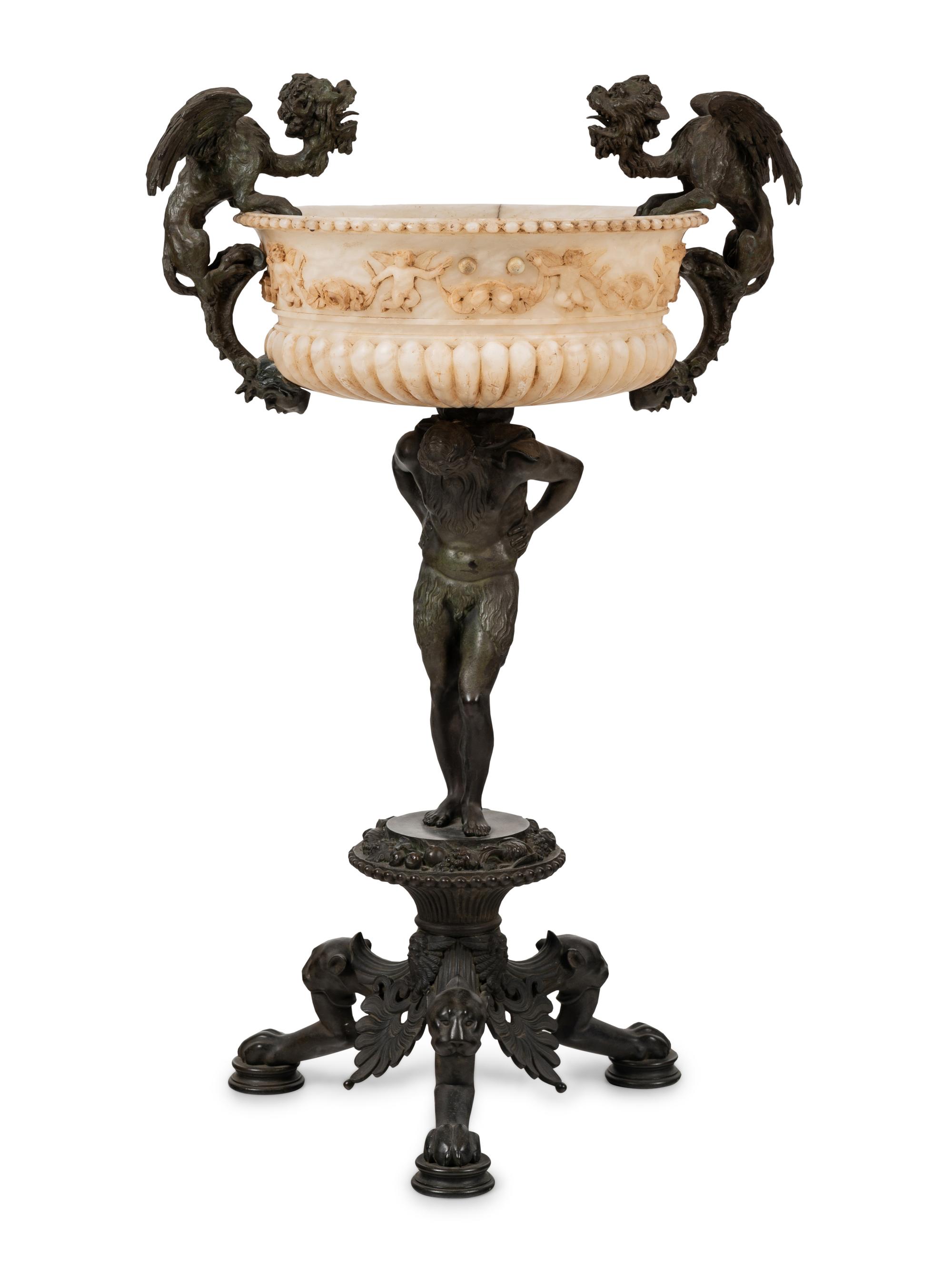 A Neoclassical Bronze and Carved Alabaster Jardinière on Stand