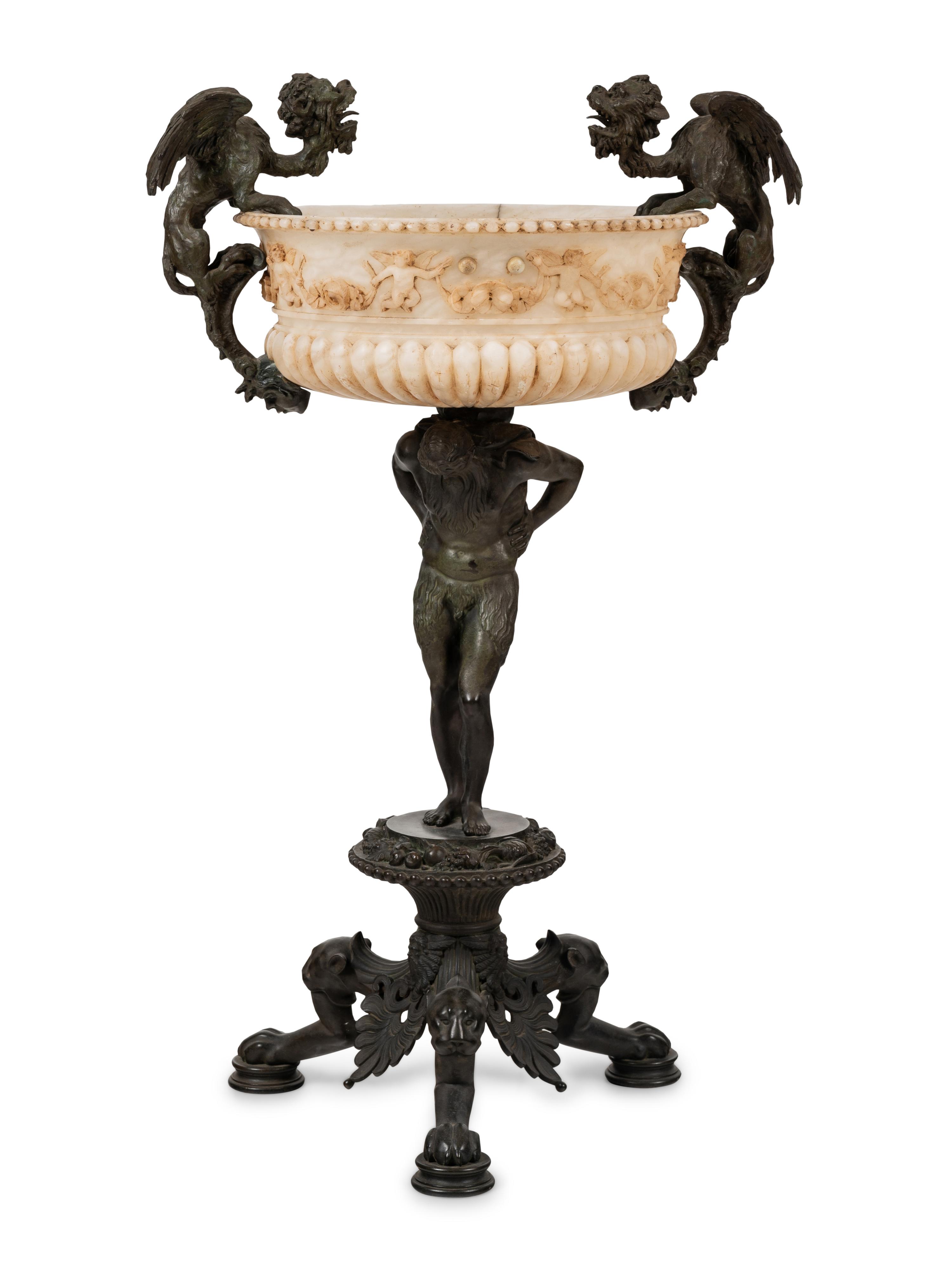 A Neoclassical Bronze and Carved Alabaster Jardinière on Stand
