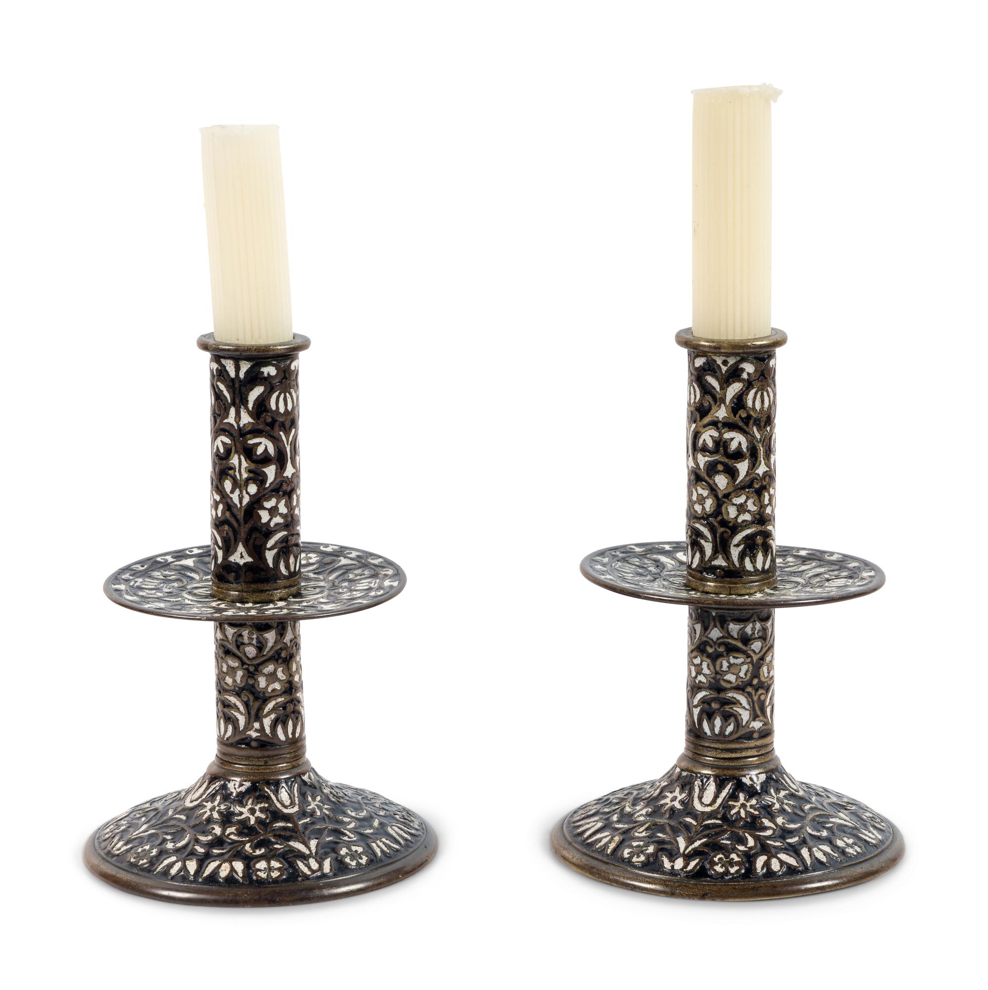 A Pair of Cast Brass 'Surrey Enamel' Candlesticks