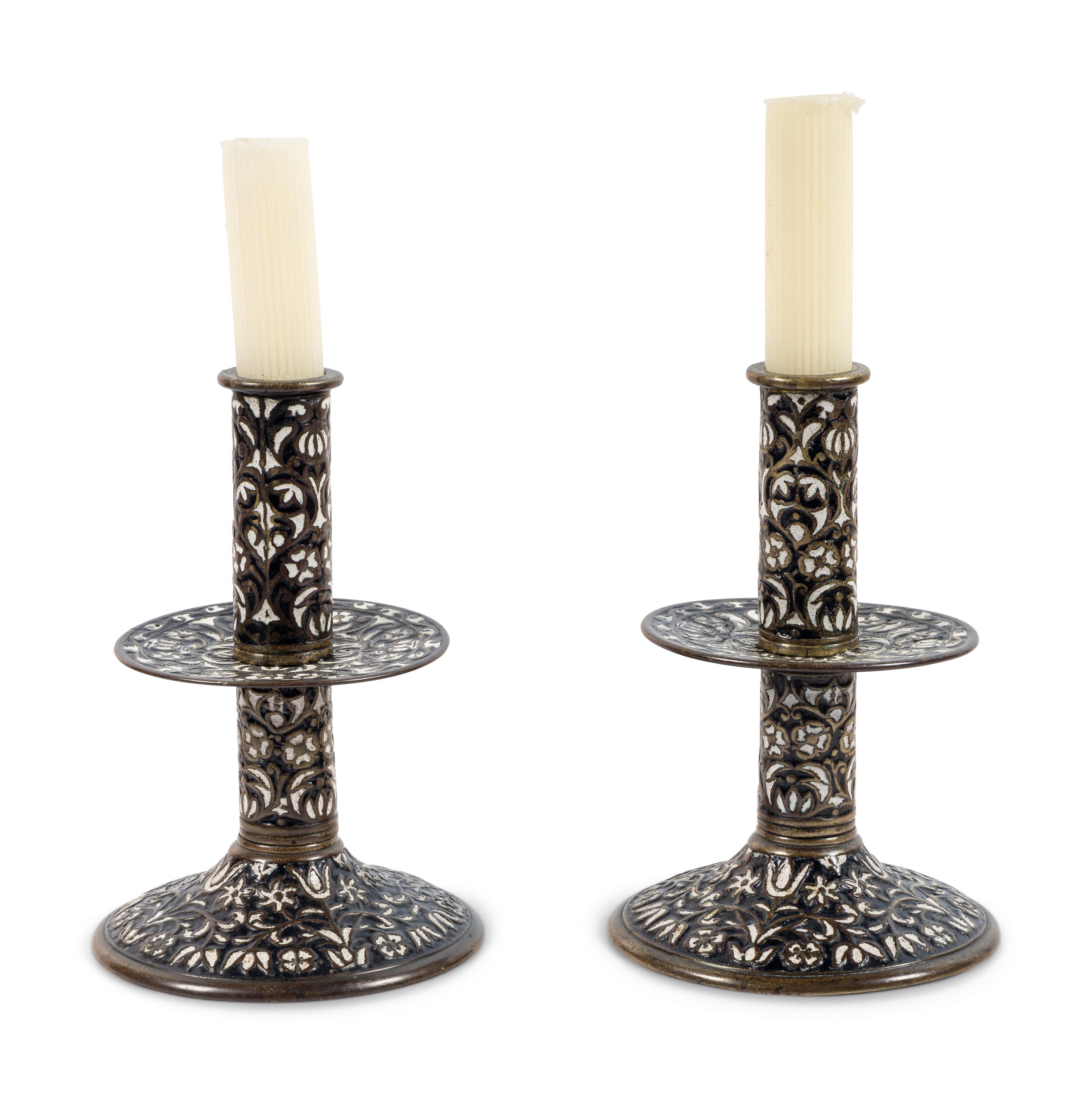 A Pair of Cast Brass 'Surrey Enamel' Candlesticks