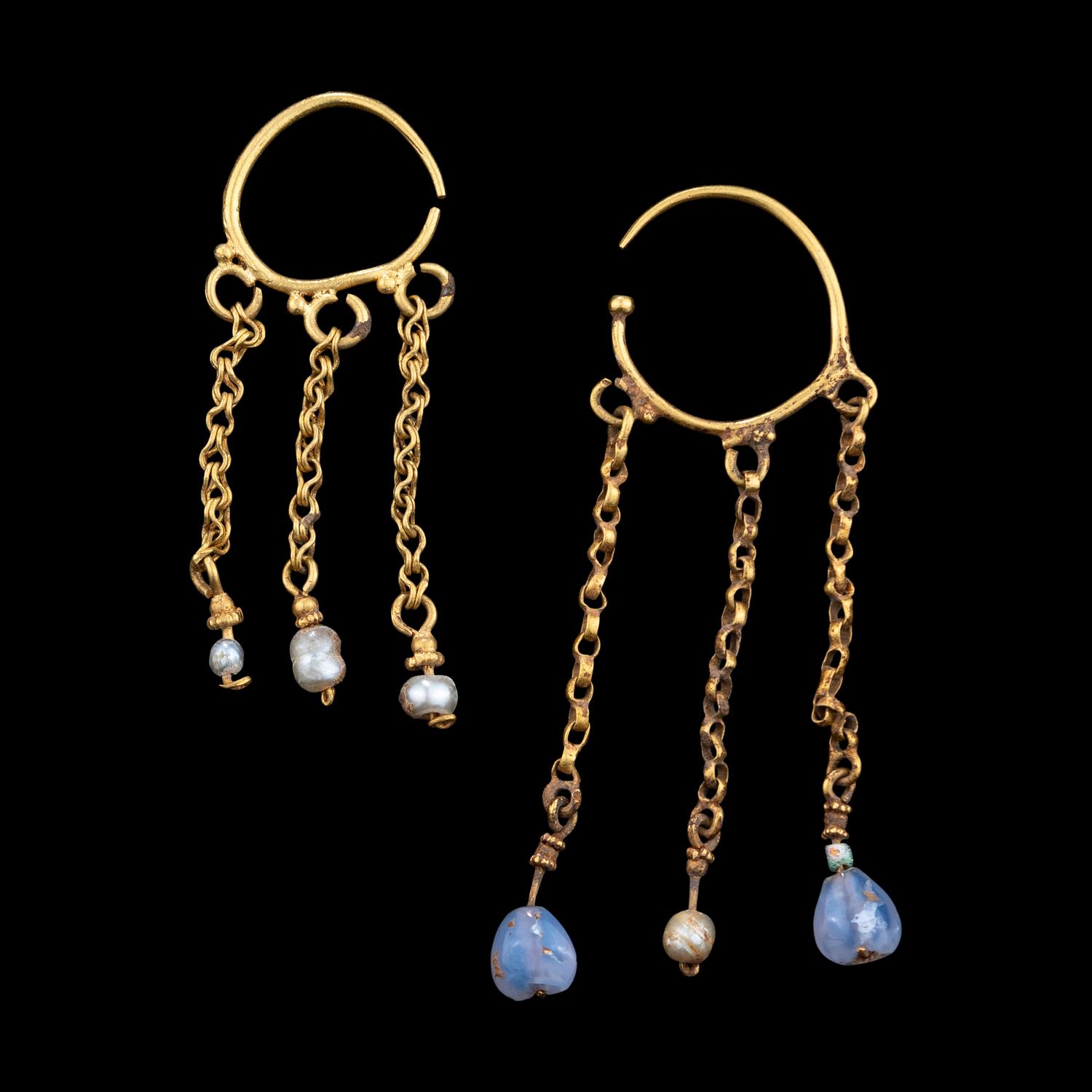 Two Byzantine Pearl, Chalcedony, and Gold Hoop Earrings