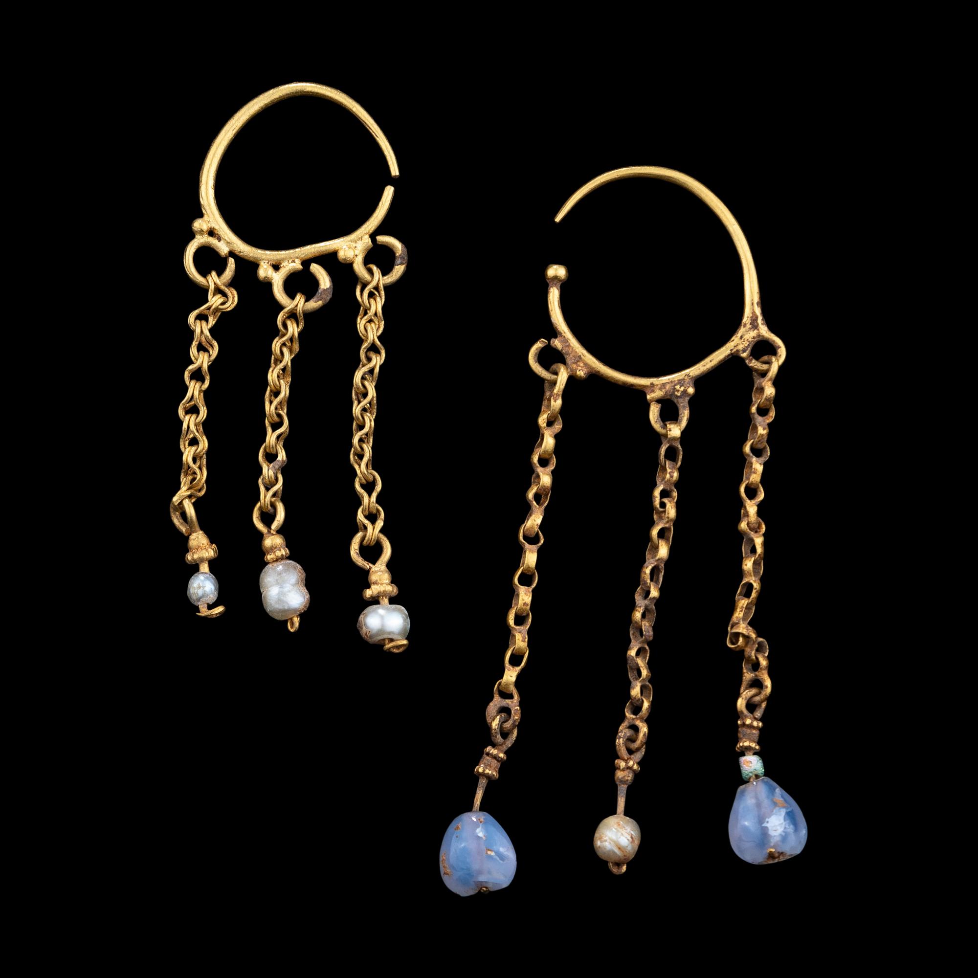 Two Byzantine Pearl, Chalcedony, and Gold Hoop Earrings