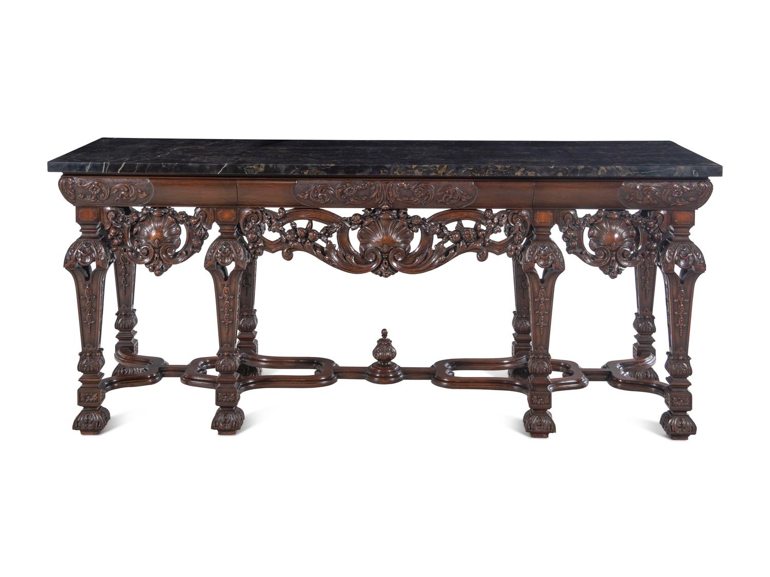Two En Suite Italian Carved Walnut Marble-Top Console Tables