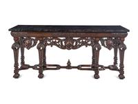 Two En Suite Italian Carved Walnut Marble-Top Console Tables