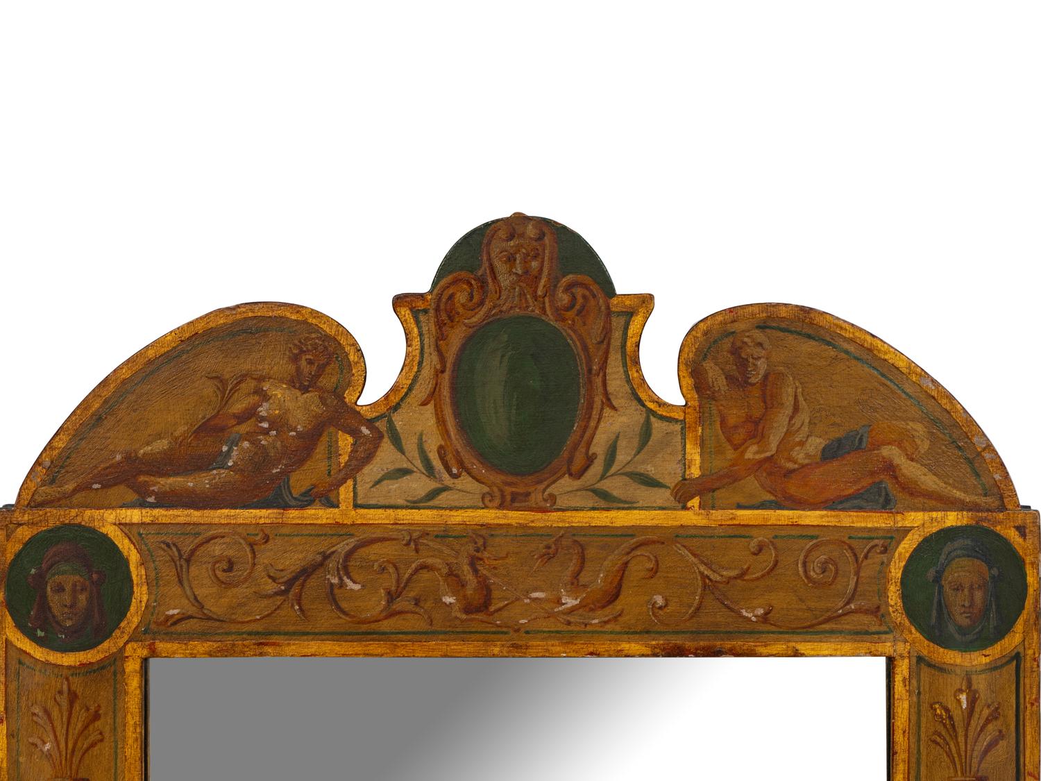 An Italian Neoclassical Polychrome Decorated and Parcel Gilt Mirror