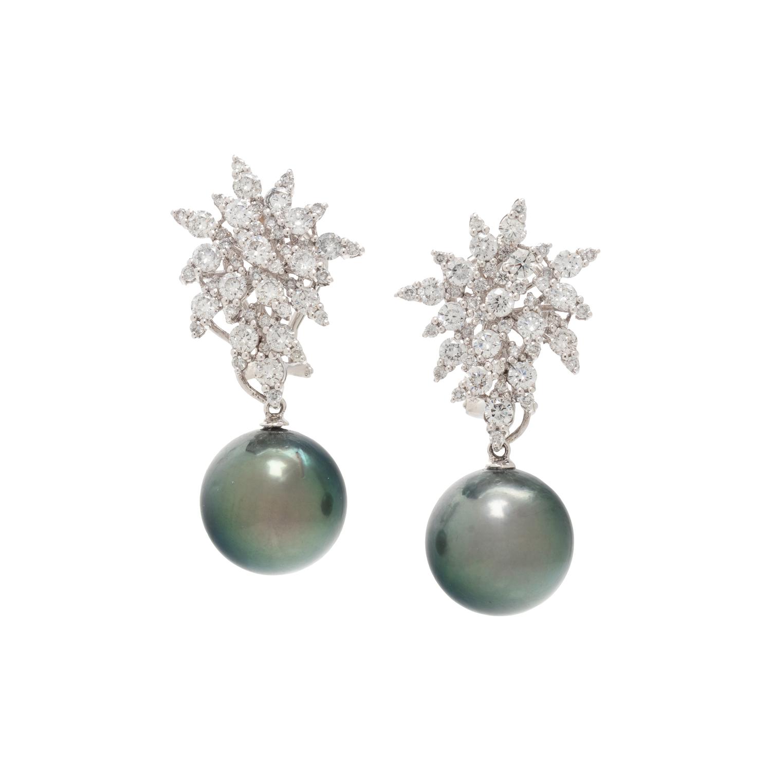 TAHITIAN CULTURED PEARL AND DIAMOND CLIP EARRINGS