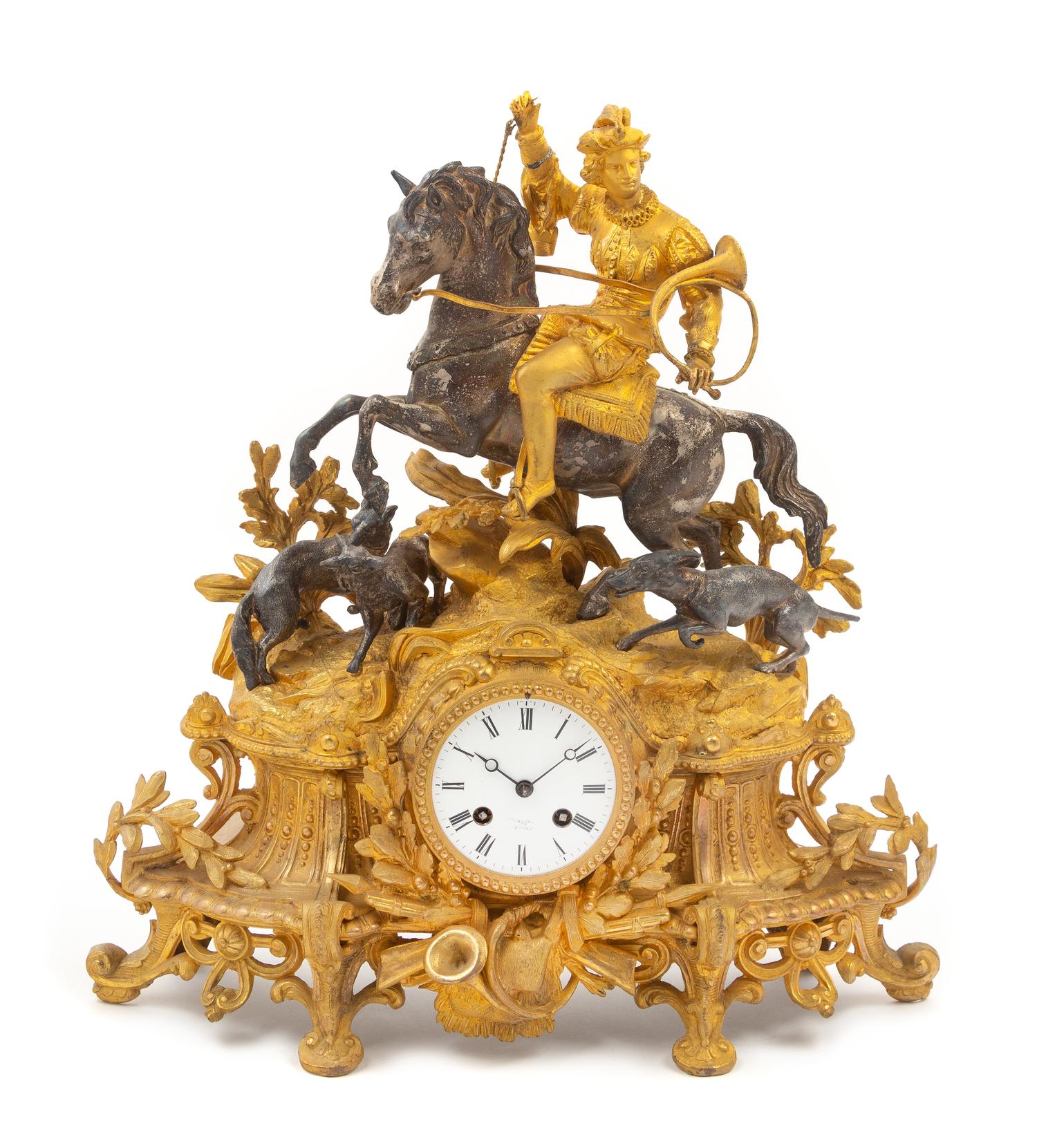 A French Parcel Gilt Cast Metal Mantel Clock Height 18 1/2 x width 15 1/2 x depth 4 inches. — LATE 19TH CENTURY
