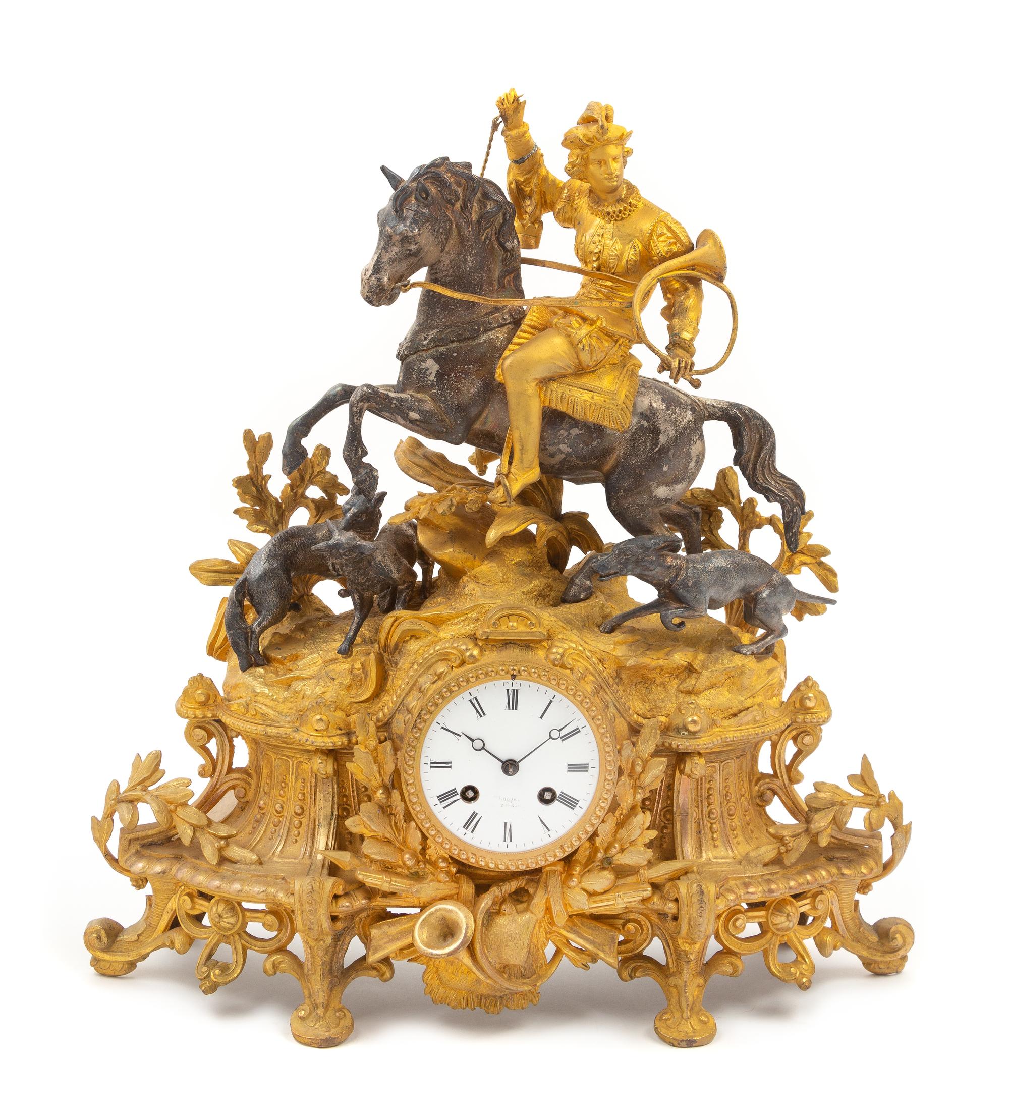 A French Parcel Gilt Cast Metal Mantel Clock Height 18 1/2 x width 15 1/2 x depth 4 inches. — LATE 19TH CENTURY