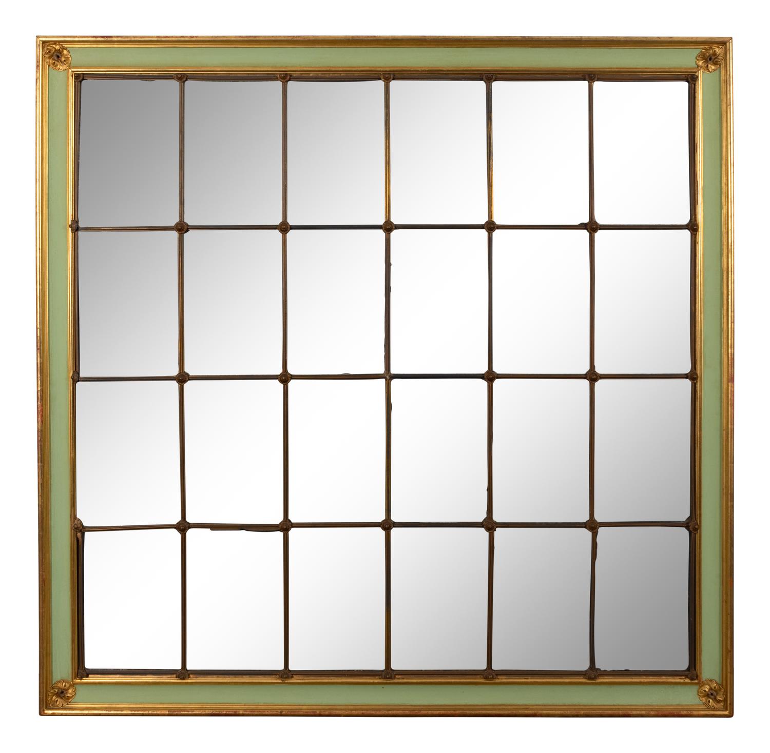 A Pair of Large Multi-Paned Mirrors in Painted Parcel Gilt Frames