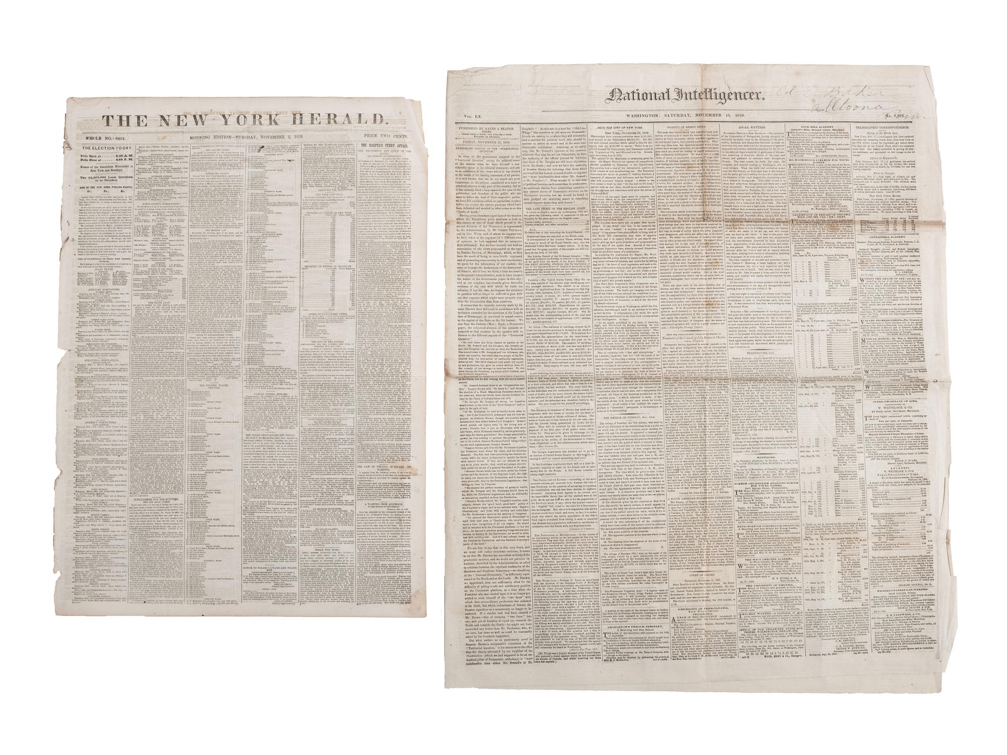 A group of 7 newspapers containing reports of John Brown and Harper's Ferry.