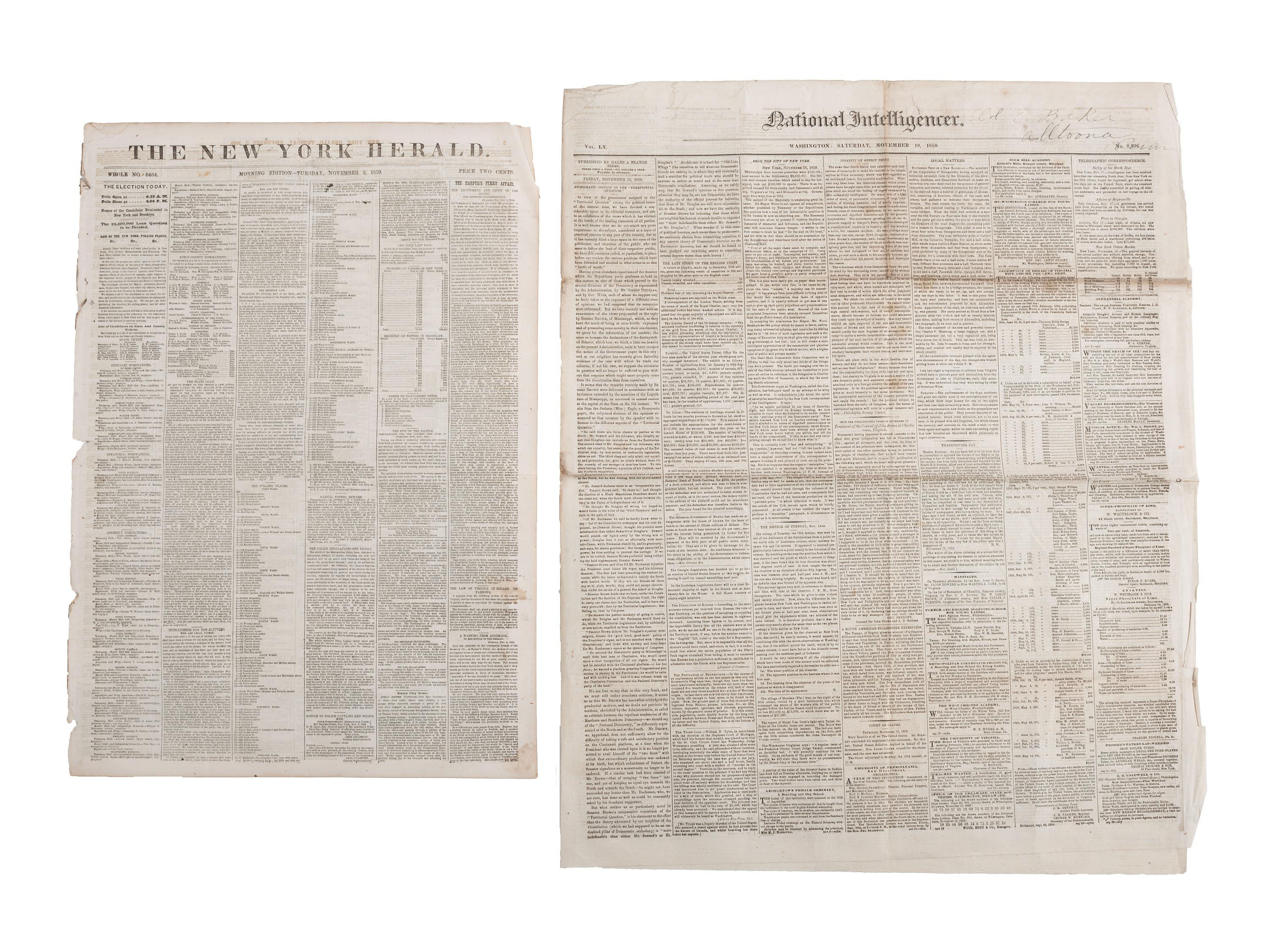 A group of 7 newspapers containing reports of John Brown and Harper's Ferry.