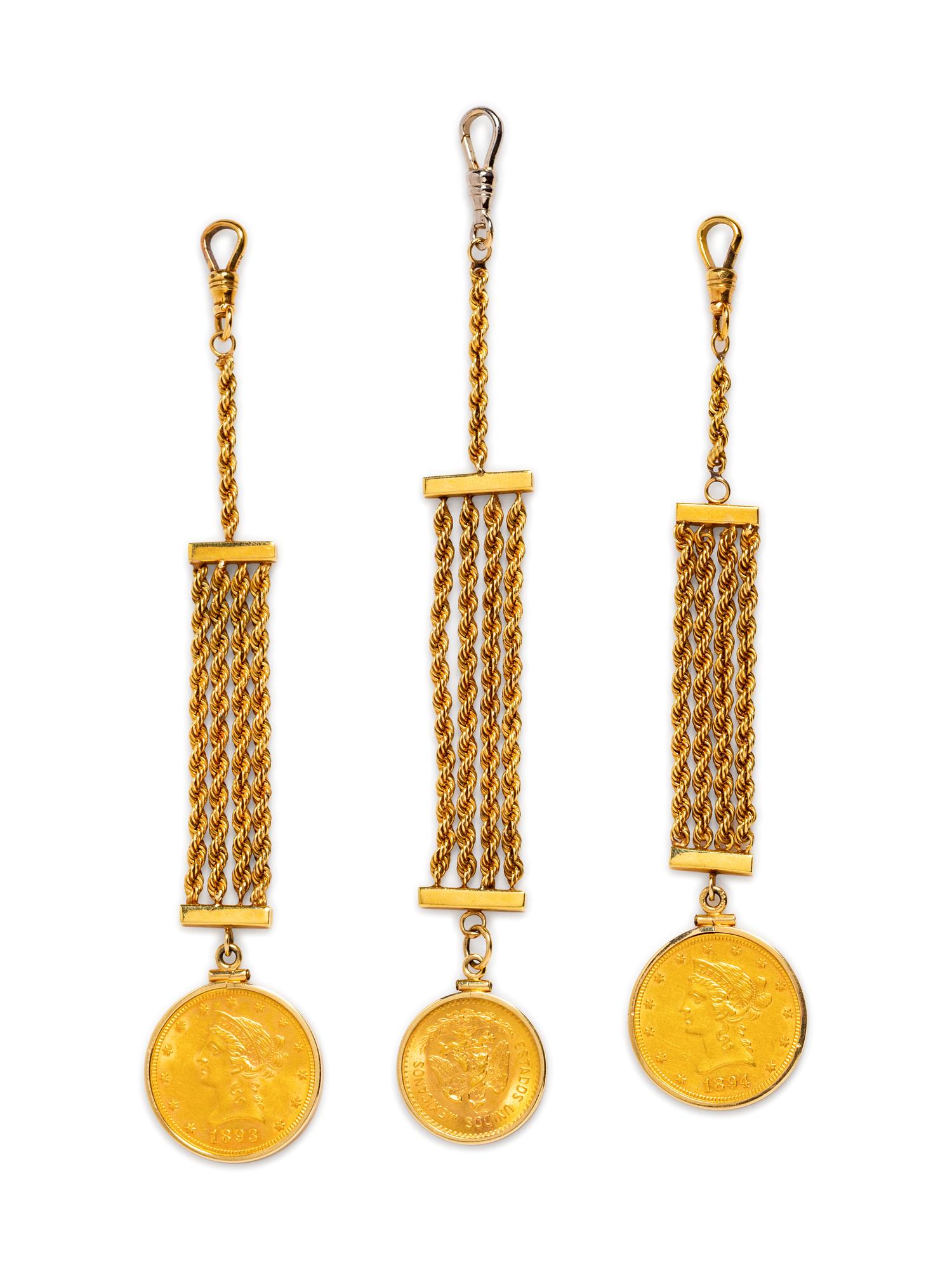 A Collection of Yellow Gold and Gold Coin Vest Fobs,