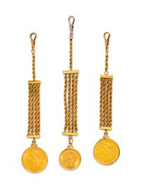 A Collection of Yellow Gold and Gold Coin Vest Fobs,