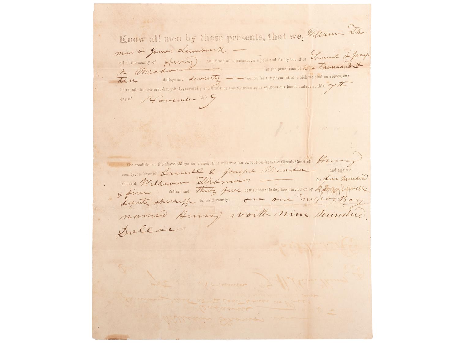 [SLAVERY & ABOLITION]. A group of 4 documents related to the enslavement of individuals in Tennessee, comprising: