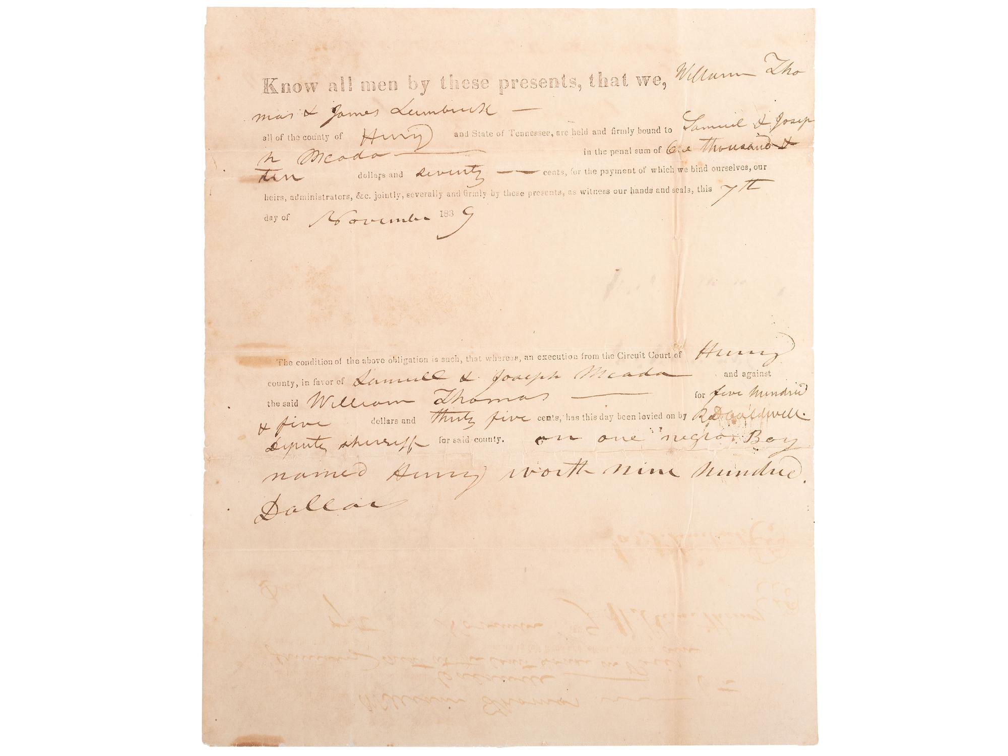 [SLAVERY & ABOLITION]. A group of 4 documents related to the enslavement of individuals in Tennessee, comprising: