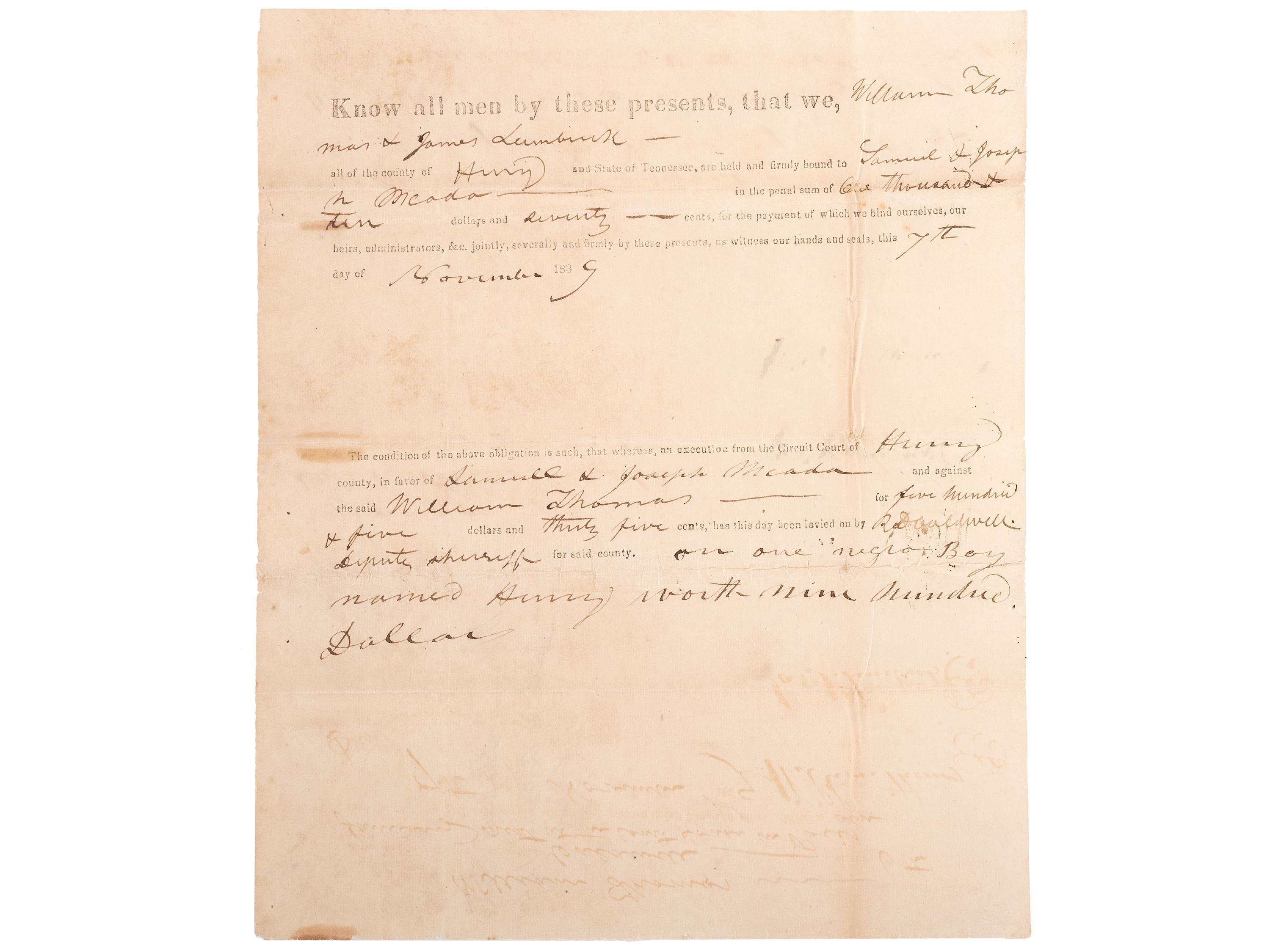 [SLAVERY & ABOLITION]. A group of 4 documents related to the enslavement of individuals in Tennessee, comprising: