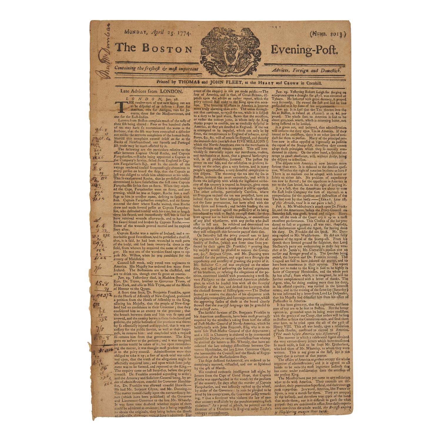 [American Revolution] A Boston Newspaper Reports the Escalating Tensions between America and Great Britain, including the Boston Tea Party