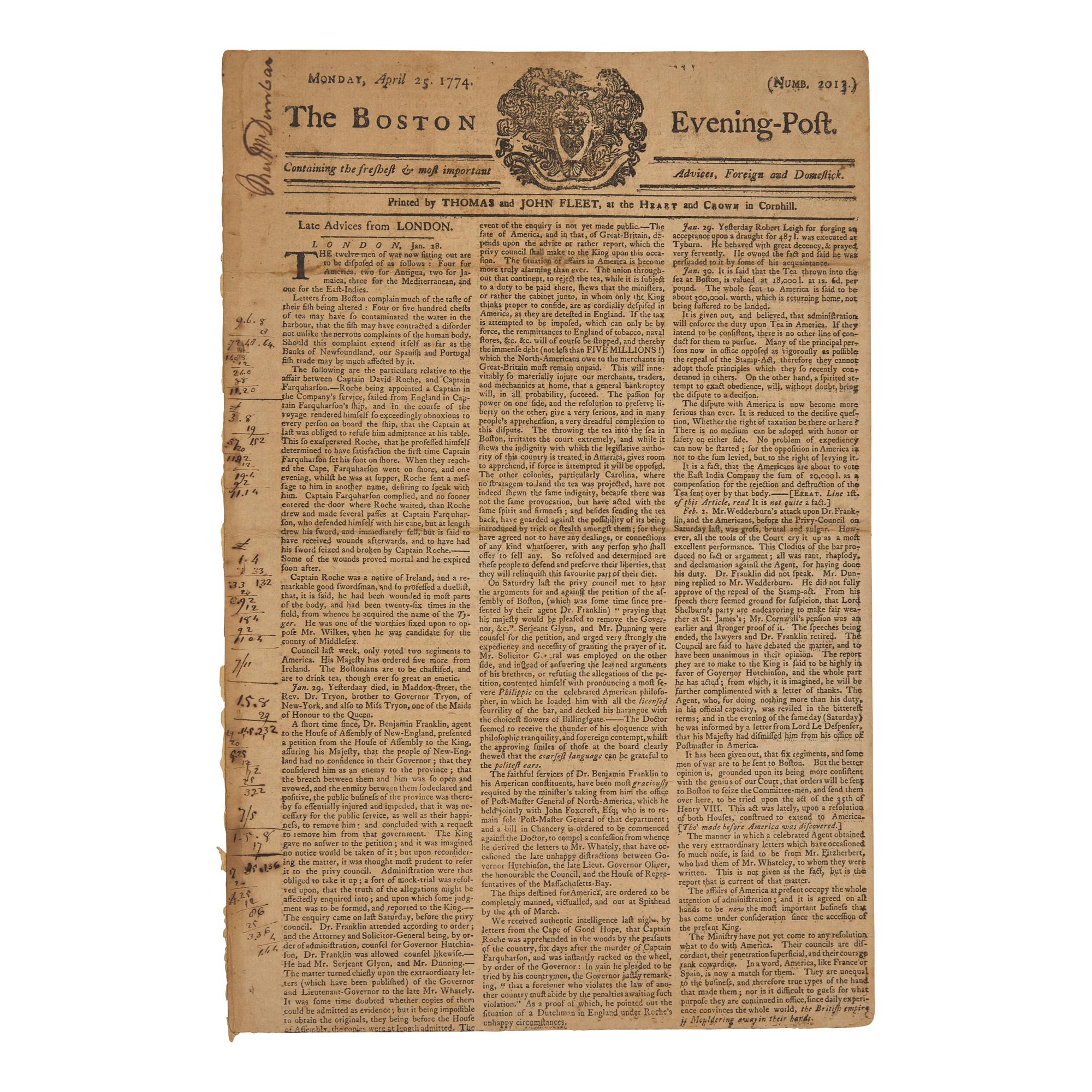 [American Revolution] A Boston Newspaper Reports the Escalating Tensions between America and Great Britain, including the Boston Tea Party