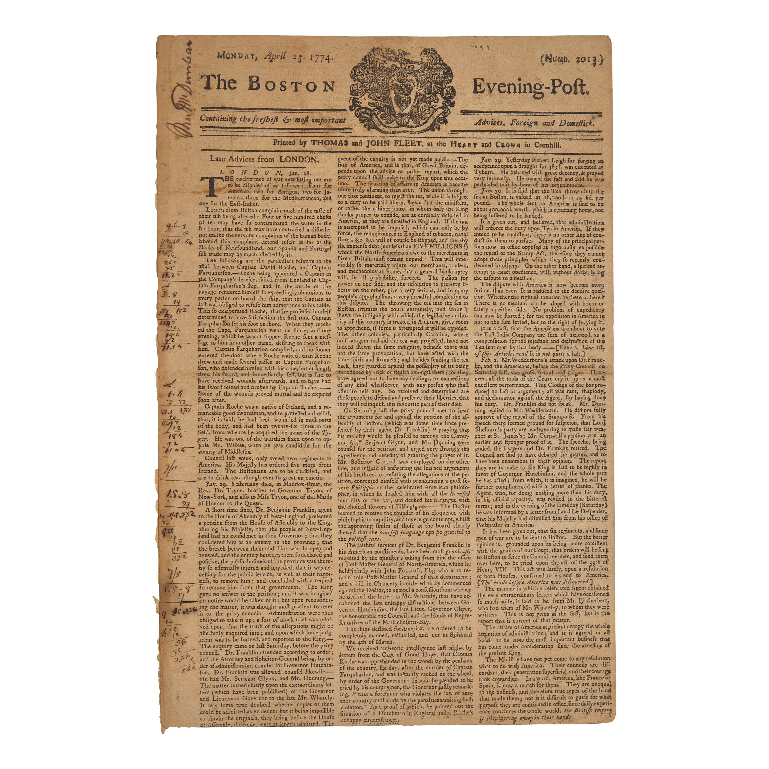 [American Revolution] A Boston Newspaper Reports the Escalating Tensions between America and Great Britain, including the Boston Tea Party