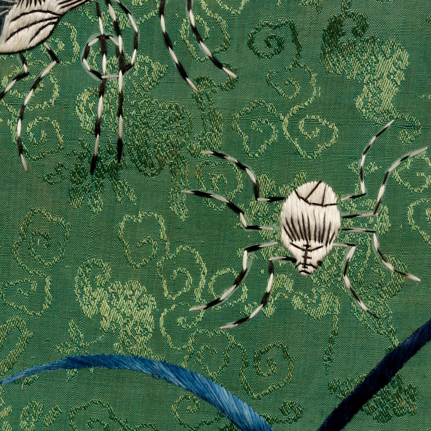 A Chinese Apple Green Ground Embroidered 'Peonies and Insects' Silk Lady's Robe, Changyi, 19th Century 清晚期 蘋果綠地綉牡丹草蟲氅衣
