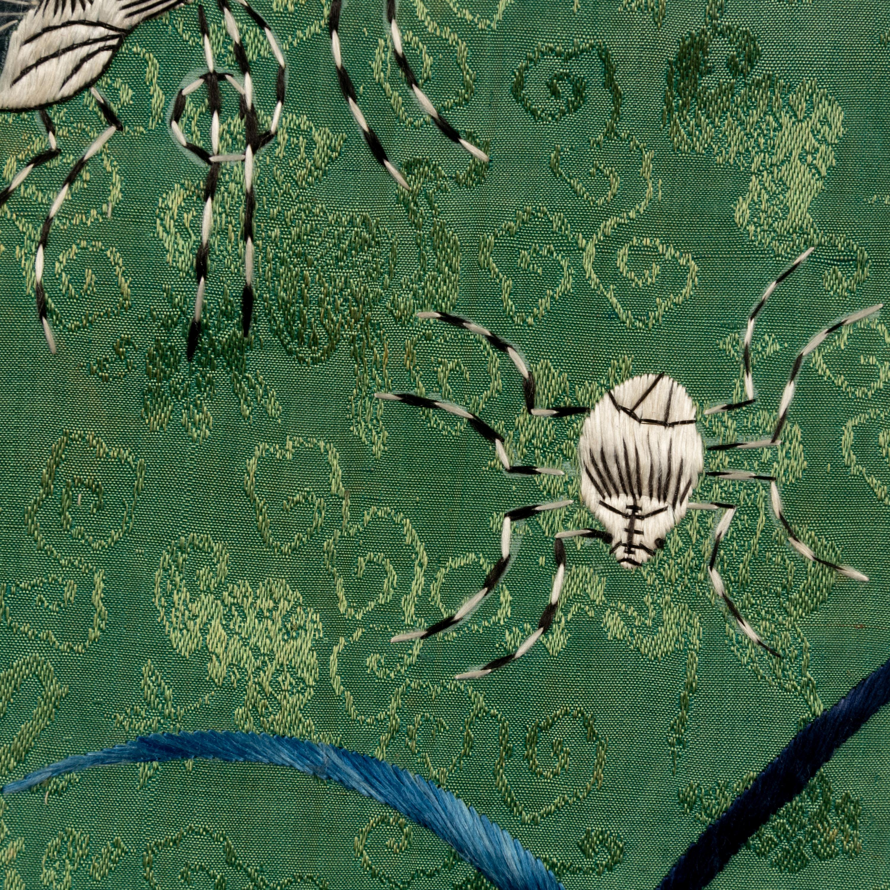 A Chinese Apple Green Ground Embroidered 'Peonies and Insects' Silk Lady's Robe, Changyi, 19th Century 清晚期 蘋果綠地綉牡丹草蟲氅衣