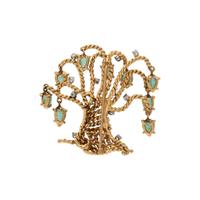 YELLOW GOLD, CARVED EMERALD, AND DIAMOND PIN