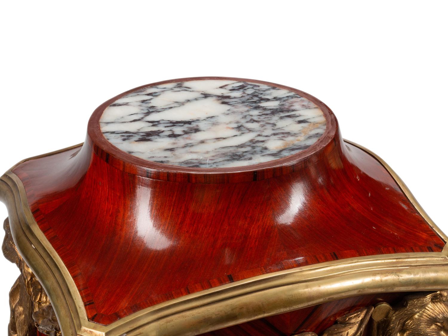 A Pair of Louis XV Style Gilt Bronze Mounted Marquetry Pedestals