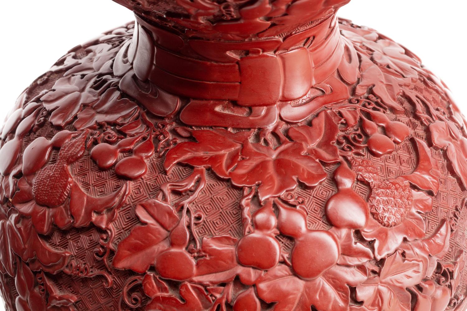 A Pair of Chinese Export Carved Red Lacquer Double-Gourd Vases