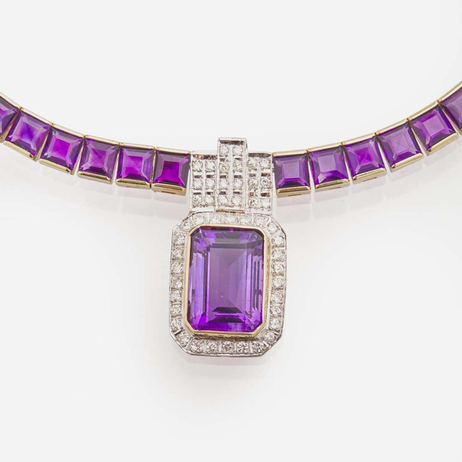 A 14K Yellow Gold, Amethyst, and Diamond Necklace