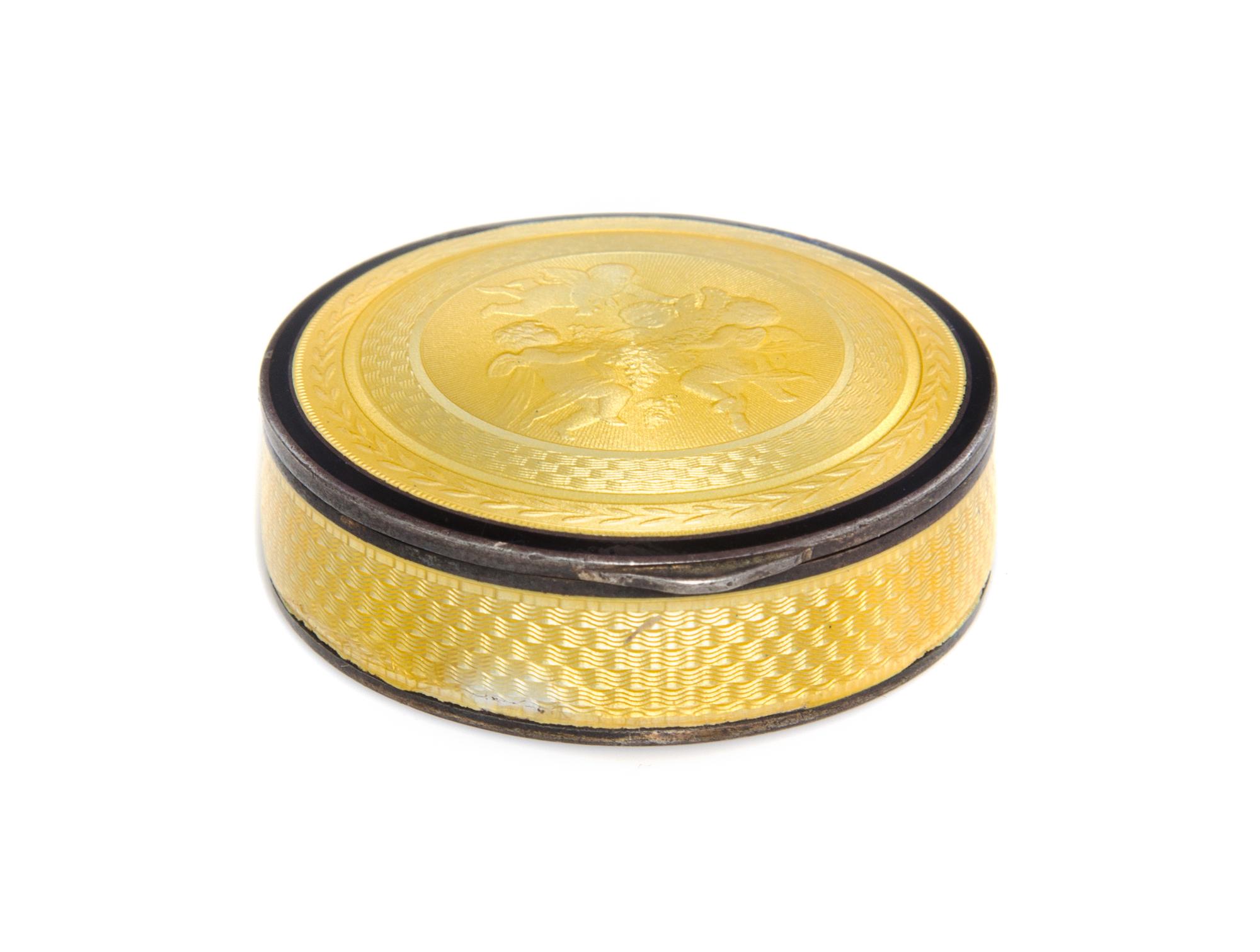 A Swiss Guilloche Enameled Silver Compact, Wegelin Fils, Geneva, 19th/20th Century, of circular form, the hinged lid decorated with thr