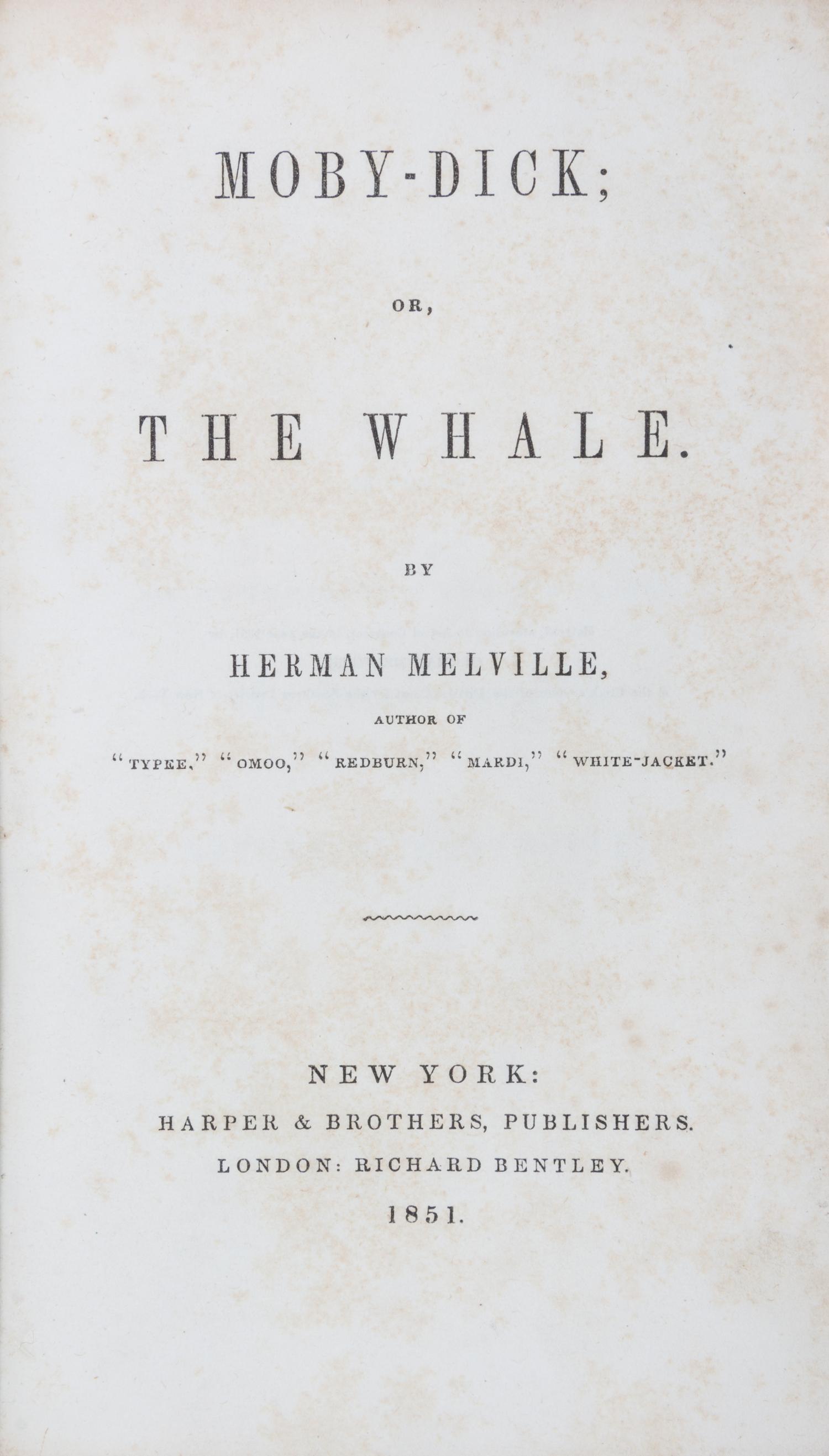 MELVILLE, HERMAN. Moby-Dick or The Whale. NY, 1851. 1st US ed, brown "A" remainder cloth.