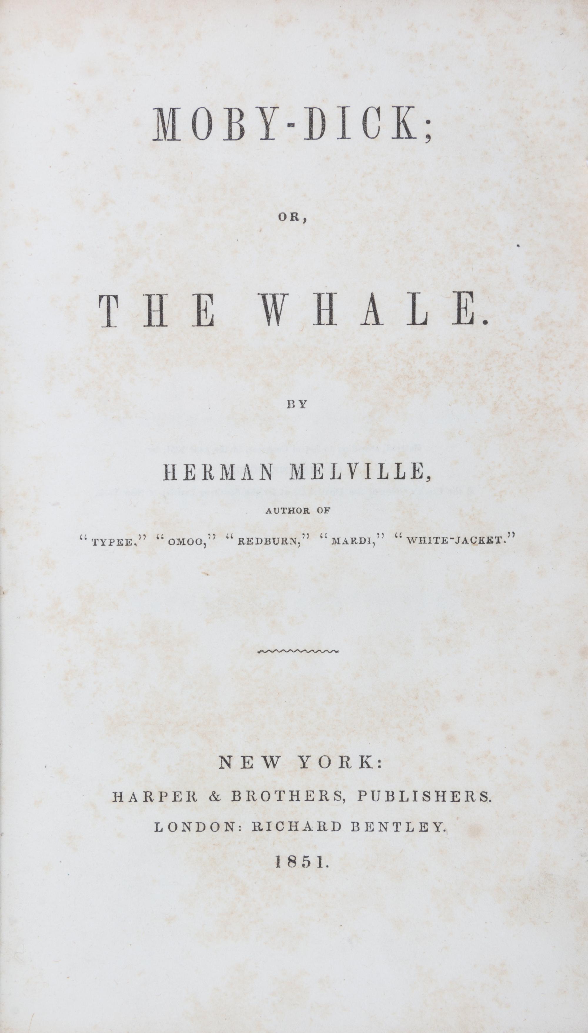 MELVILLE, HERMAN. Moby-Dick or The Whale. NY, 1851. 1st US ed, brown "A" remainder cloth.